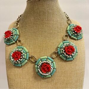 Banana Republic Statement Necklace- 5 large clusters greens w/ red flower center